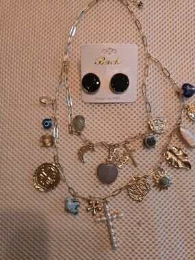 Double strand gold tone charm necklace with black pave stud, classy looking set